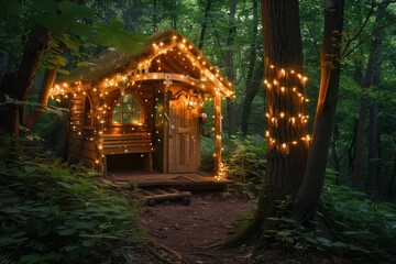 Fototapeta premium Charming wooden den in an enchanted forest, aglow with fairy lights