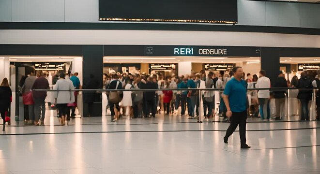People queuing in a shopping center.