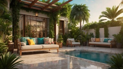 Luxury marble terrace around green exotic plants