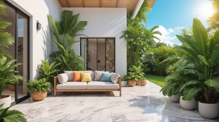 Fototapeta premium Luxury marble terrace around green exotic plants