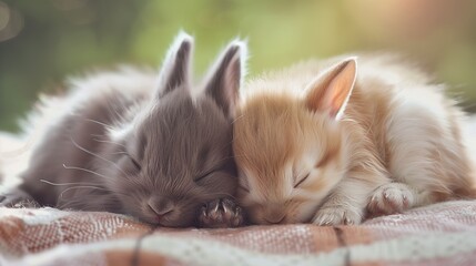 Naklejka premium Adorable baby animals snuggle in a warm setting, creating a heartwarming scene of innocence and affection.