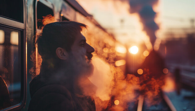  A man with a beard exhaling vapor in the cold air while waiting at a train station at sunset creating a nostalgic scene