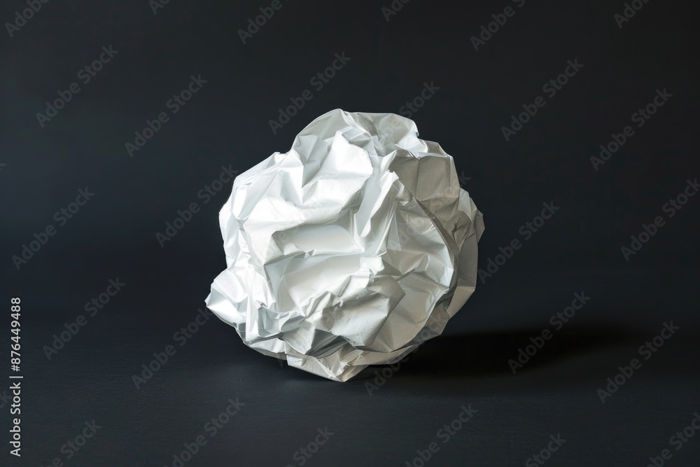 Poster a white ball of crumbled paper sits on a black surface, with a texture that resembles a messy bundle