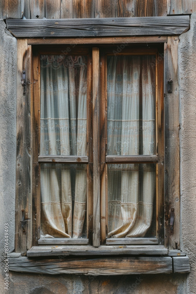 Poster a wooden window with curtains on a stone wall, suitable for use in interior design or architecture p