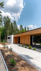 Contemporary cubic house with white walls and timber cladding nestled in a serene forest environment