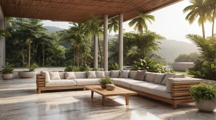 Fototapeta premium Luxury marble terrace around green exotic plants