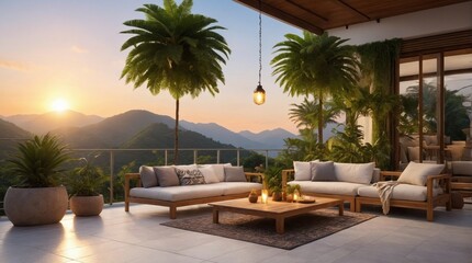 Fototapeta premium Luxury marble terrace around green exotic plants