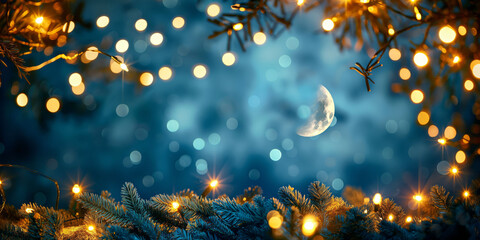 Enchanting night sky with moon and holiday lights festive atmosphere concept