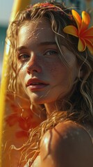 A woman with a flower in her hair holding a surfboard.