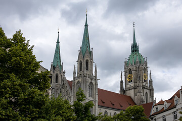 Obraz premium Neo-Gothic style St. Paul's Church (Paulskirche) is one of the tallest sacred buildings in Munich. St. Paul Church has a main tower 97 meters high. MUNICH, GERMANY.