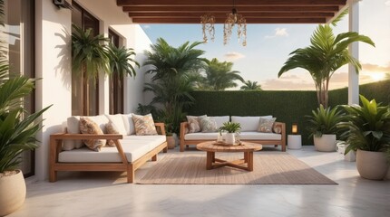Luxury terrace in exotics, minimalist vintage style