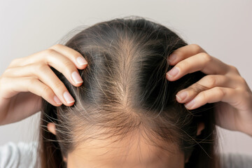 Obraz premium Female alopecia. Portrait of a woman with a receding hairline. Self-acceptance. Hair loss problems. Body positive