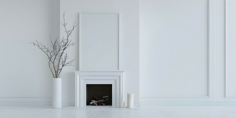 Minimalist Scandinavian living room with fireplace blank frame and white decor. Concept Scandinavian Design, Minimalist Living Room, Fireplace Decor, Blank Frame, White Interior