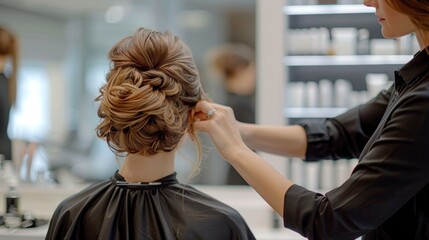 Stylist does hairstyle for beautiful woman, demonstrating his experience and trust of client
