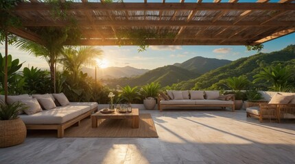 Obraz premium Luxury terrace in exotics, minimalist vintage style