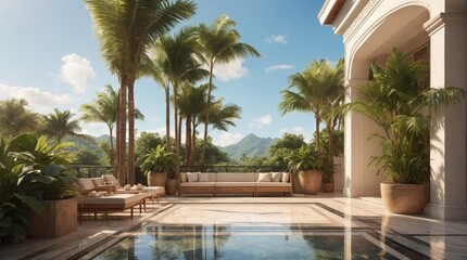 Fototapeta premium Luxury marble terrace around green exotic plants
