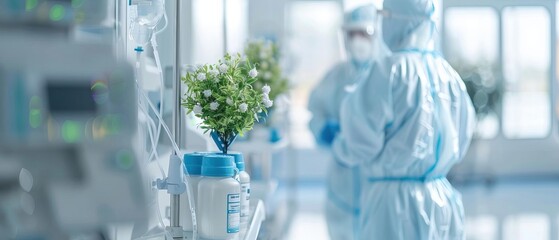 Medical professionals in full protective gear working in a sterile hospital environment with medical equipment and supplies visible.