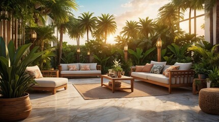 Luxury marble terrace around green exotic plants