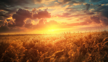A vast field under a dramatic sunset sky with golden light and clouds creating a stunning natural landscape