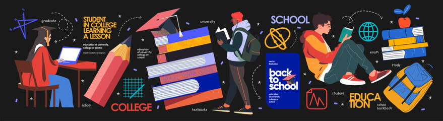 Education and college. Back to school. Vector illustration of university student reading, stack of textbooks with graduate hat, stationery, pencil, backpack, graduate at the computer and books