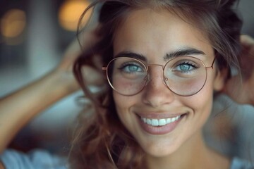 Obraz premium Smiling young businesswoman wearing eyeglasses and a well-groomed beard doing stretching exercise in the office.