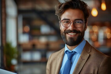 Fototapeta premium The beautiful businessperson with glasses and a well-groomed beard is smiling and analyzing an invoice on the laptop at the workplace.