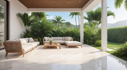 Fototapeta premium Luxury marble terrace around green exotic plants
