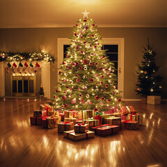 Decorated Christmas tree with bokeh lights and gifts under the tree. Christmas banner. Christmas and New Year mood