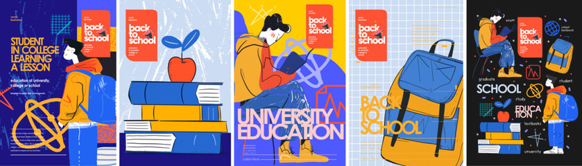 University, education and student. Back to school. Abstract sketch style vector illustration of a college student reading, backpack, textbooks for poster, flyer or background