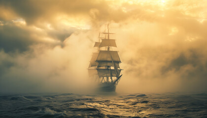 Obraz premium A majestic sailing ship navigating through misty waters under a golden sky creating a sense of adventure and mystery