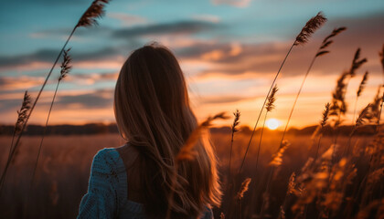 A woman standing in a field of tall grass during a stunning sunset appreciating the beauty of nature and the warm light