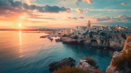 Naklejka premium Dramatic evening cityscape of Vieste - coastal town in Gargano National Park, Italy, Europe. Splendid spring sunset on Adriatic sea. Traveling concept background. 