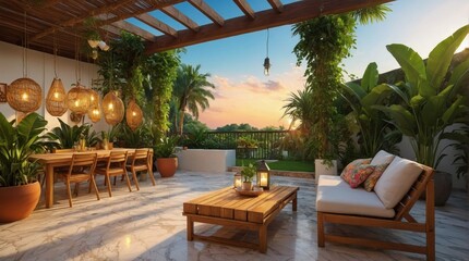 Fototapeta premium Luxury marble terrace around green exotic plants