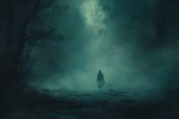 Mysterious figure wandering in a moonlit, foggy forest at night