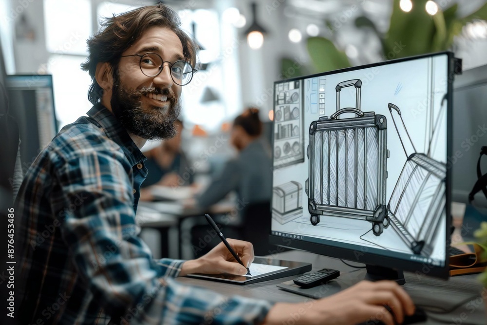 Poster beautiful male designer with a well groomed beard and glasses is smiling and drawing a suitcase on a