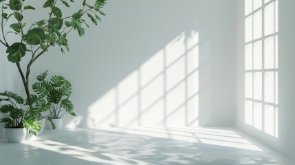 Obraz premium Minimalist white studio backdrop for showcasing products. Empty interior featuring window-cast shadows and delicate foliage accents.