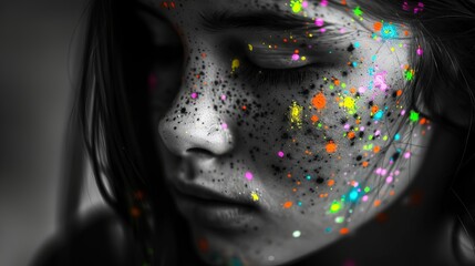 Fototapeta premium Artwork shows a portrait of a young girl in black and white with colorful spots on her face. It represents the concept of mental health, inner fears, diversity, and the psychology of personality.