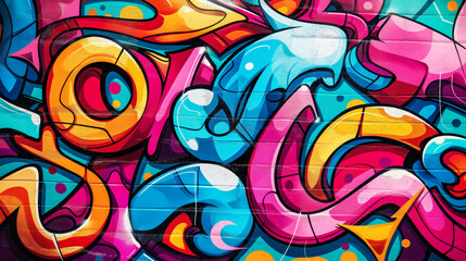 Obraz premium Colorful background of graffiti painting artwork with bright aerosol outlines on wall. Old school street art piece made with aerosol spray paint cans. Contemporary youth culture backdrop