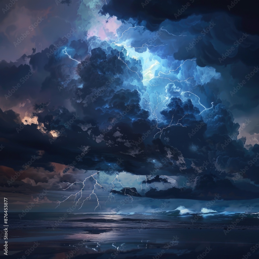 Poster a large cloud filled with many lightning bolts