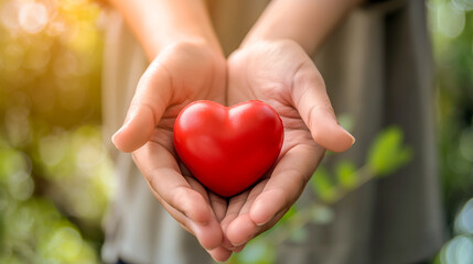 close up hands and blur people, female doctor holding red heart with hands, happiness and relationship in hospital, they feel happy and smiling on white background