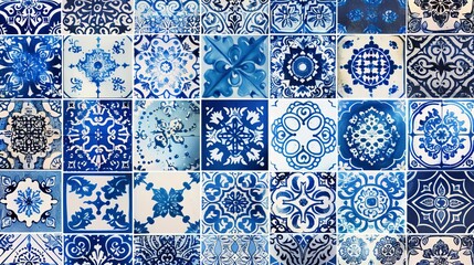 Blue and white tiles with intricate patterns from different cultures, like Spain, Portugal, Turkey, and Morocco. They can be used as wallpaper or on plates and other pottery.