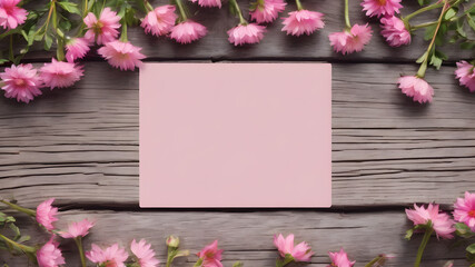 Obraz premium wooden background with flowers with paper note empty space for greeting message. Love and greeting concept design. AI generated image, ai