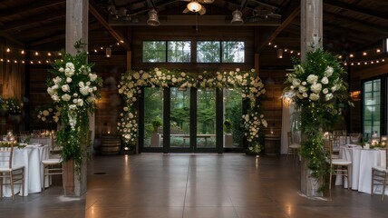 Fototapeta premium Elegant wedding decoration featuring white roses, delicate fairy lights, and lush greenery. The warm bokeh effect in the background creates a magical and romantic atmosphere