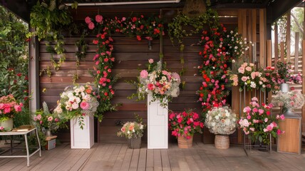 A stunning floral arrangement with pink and white flowers cascading from a wall, creating a picturesque backdrop. Perfect for special events, weddings, or photography sessions