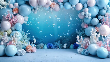Underwater-themed balloon arch featuring a variety of blue and white balloons, coral decorations, and marine elements.perfect for aquatic-themed events or parties
