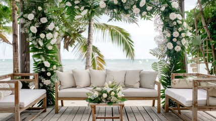 A serene beach-themed outdoor event space featuring a cozy seating arrangement with white cushions, surrounded by lush green palm leaves and elegant white flowers