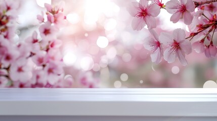 Close up of white wooden table with cherry blossoms background