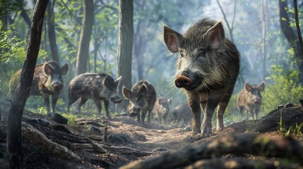 A group of wild boars in a dense forest, walking through a sunlit natural habitat.