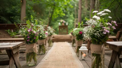 A rustic chic aisle with a burlap runner, flanked by mason jars filled with wildflowers and greenery. Wooden benches add to the charm, creating a serene and inviting setting for an outdoor garden