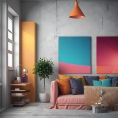 modern living room with sofa and colorful paintings on the wall